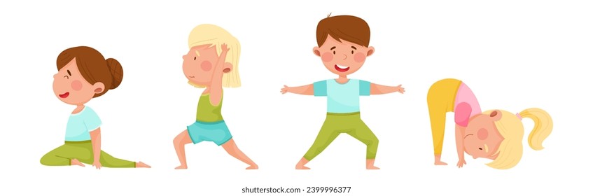 Kid Characters Doing Yoga Standing in Different Asana Vector Set