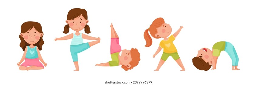 Kid Characters Doing Yoga Standing in Different Asana Vector Set