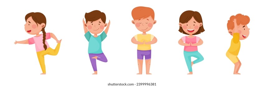 Kid Characters Doing Yoga Standing in Different Asana Vector Set