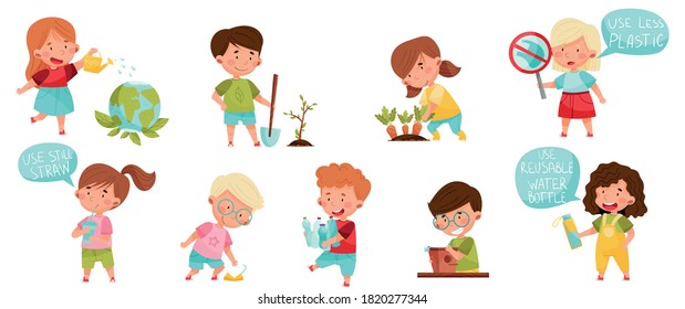 Kid Characters Gathering Plastic Bottles and Planting Vector Set