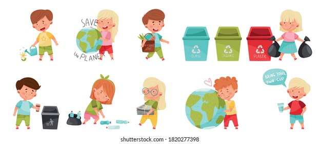 Kid Characters Gathering Plastic Bottles, Sorting Trash and Planting Vector Set