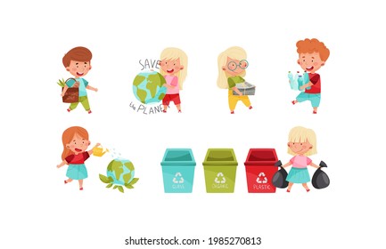 Kid Characters Gathering Plastic, Sorting Trash and Planting Vector Set