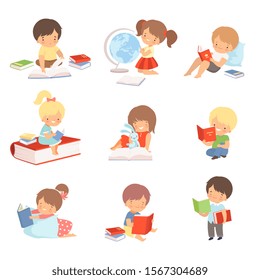 Kid Characters Learning to Read Vector Illustrations Set