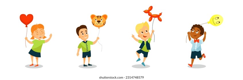 Kid Characters with Party Balloons Having Fun Vector Set