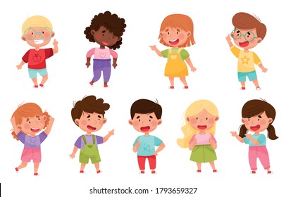 Kid Characters Pointing At Something With Their First Finger Vector Illustration Set