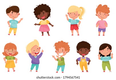 Kid Characters Pointing at Something with Their First Finger Vector Illustration Set