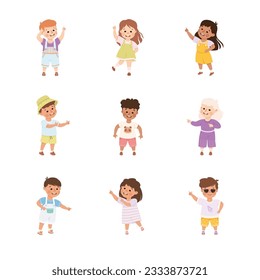 Caracteres infantiles que apuntan a algo con su conjunto de vectores de dedo