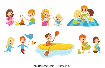 Kid Characters Resting. Having Picnic Small Children Vector Illustrations