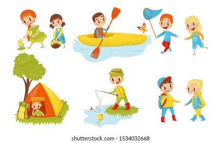 Kid Characters Resting. Having Picnic Small Children Vector Illustrations