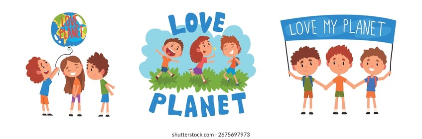 Kid Characters Save Planet and Care of Environment Vector Set
