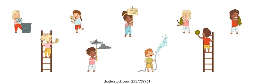 Kid Characters Saving Nature and Planet Vector Set