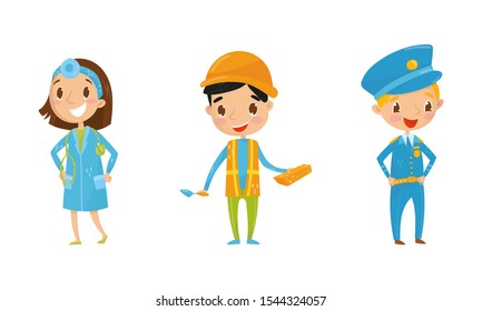 Kid Characters Set Engaging in Different Occupations Vector Set