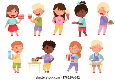 Kid Characters Showing Likes and Dislikes Towards Different Food Vector Illustration Set