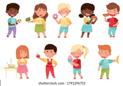 Kid Characters Showing Likes and Dislikes Towards Different Food Vector Illustration Set