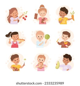 Kid Characters Showing Likes and Dislikes Towards Different Food Vector Set
