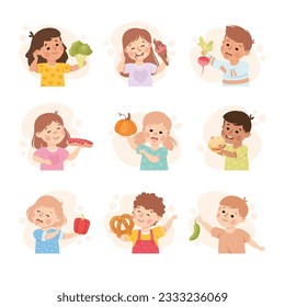 Kid Characters Showing Likes and Dislikes Towards Different Food Vector Set