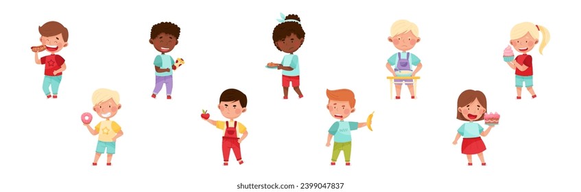 Kid Characters Showing Likes and Dislikes Towards Different Food Vector Illustration Set