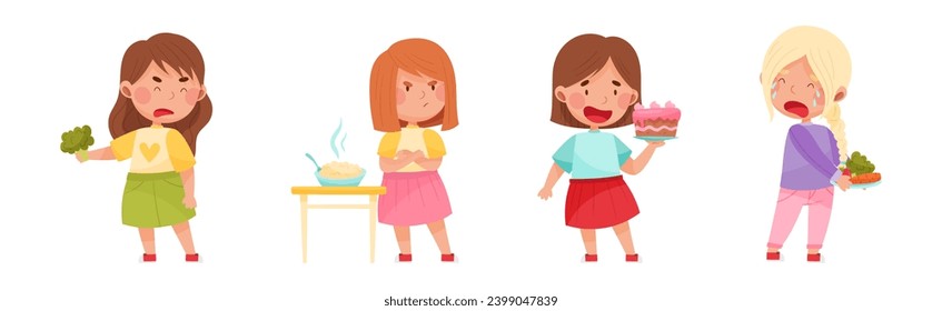 Kid Characters Showing Likes and Dislikes Towards Different Food Vector Illustration Set