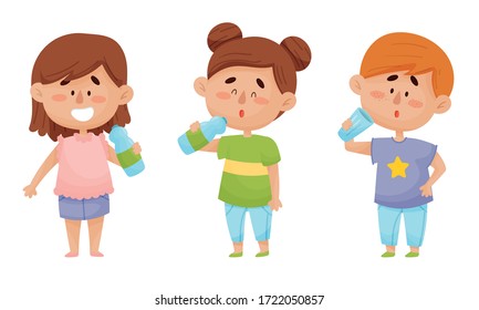 Kid Characters Standing and Drinking Still Mineral Water from Plastic Bottle Vector Illustrations Set