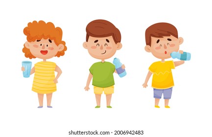 Kid Characters Standing And Drinking Still Mineral Water From Plastic Bottle Vector Illustrations Set