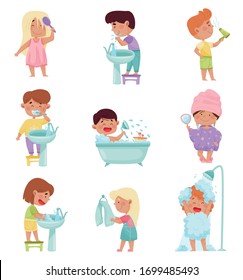 Kid Characters Taking Bath Brushing Teeth Stock Vector (Royalty Free ...