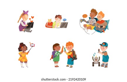 Kid Characters Using Gadgets Like Smartphone, Tablet PC and Gamepad Vector Set