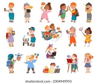 Kid Characters Using Gadgets Like Smartphone, Laptop and Camera Big Vector Set