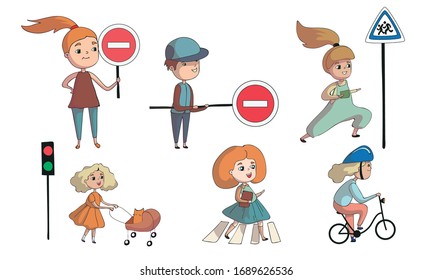 Kid Characters Walking and Cycling Across the Road Vector Set