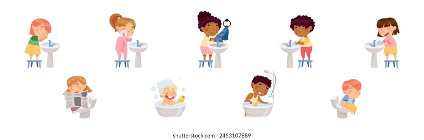 Kid Characters Washing Enjoy Bath Hygiene Procedure Vector Set