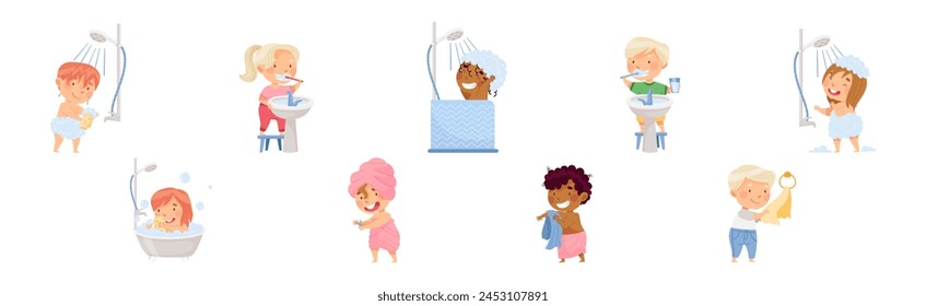 Personajes infantiles Lavado Disfrutar de la higiene del baño Procedimiento Vector Set