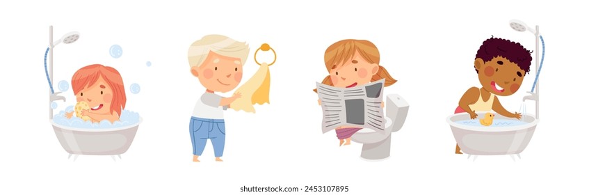 Kid Characters Washing Enjoy Bath Hygiene Procedure Vector Set