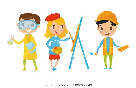 Kid Characters Wearing Different Profession Uniforms Vector Illustration Set