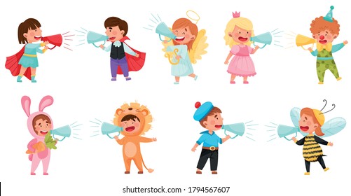 Kid Characters Wearing Fancy Dress or Costume Talking Megaphone or Loudspeaker Vector Illustration Set