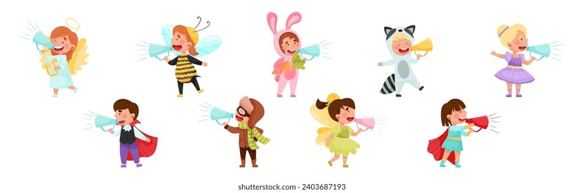 Kid Characters Wearing Fancy Dress or Costume Talking Megaphone or Loudspeaker Vector Set