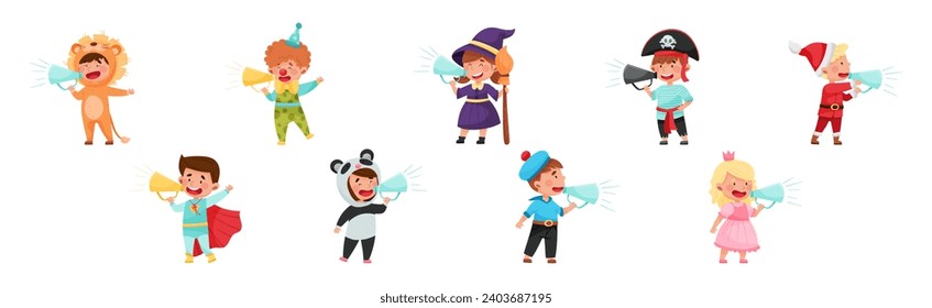 Kid Characters Wearing Fancy Dress or Costume Talking Megaphone or Loudspeaker Vector Set