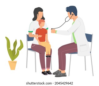 Kid checkup. Doctor pediatrician examining baby sitting on mom knees, flat vector illustration. Kids medicine. Pediatrics.