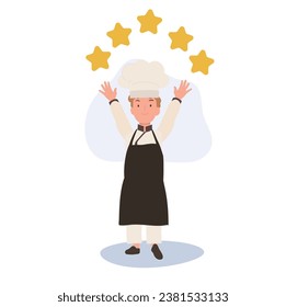 Kid Chef with 5 Stars. Young Gourmet Chef Celebrating 5-Star Review 