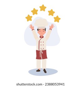 Kid Chef with 5 Stars. Young Gourmet Chef Celebrating 5-Star Review 