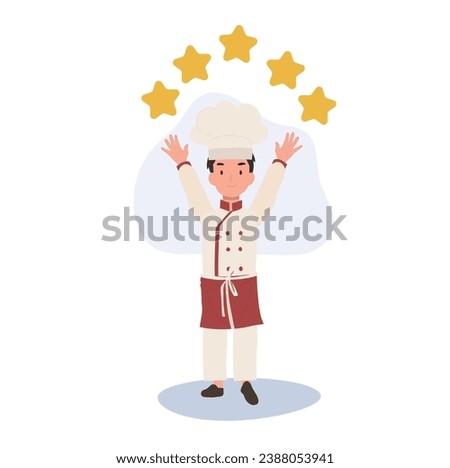 Kid Chef with 5 Stars. Young Gourmet Chef Celebrating 5-Star Review 