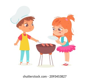 Kid chef in apron and hat cooking food on picnic party vector illustration. Cartoon little boy grilling sausages for girl holding plate, cute professional restaurant worker cooking isolated on white