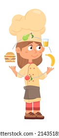 Kid chef character. Cute girl juggling food