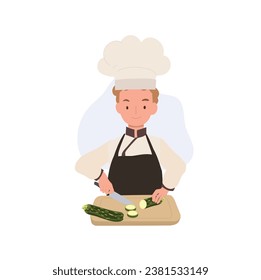 Kid Chef Chopping Cucumber. Cute Kid Chef Illustration