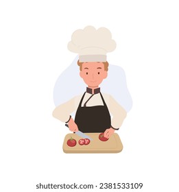 Kid Chef Chopping tomatoes. Cute Kid Chef Illustration