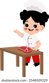 Kid Chef Holding Meat on a Plate Illustration