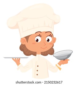 Kid chef holding serving tray with lid. Cooking mascot