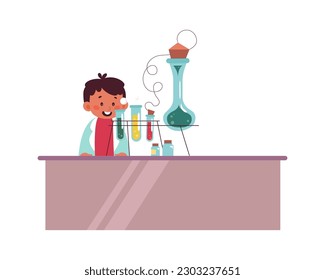 Kid in chemistry Experiment with test tubes. Vector illustration