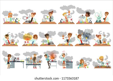 Kid chemists characters posing in different situations looking dirty after failed chemical experiments set of vector Illustrations