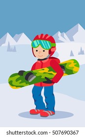 Kid child boy smile with snowboard winter sport jacket hat clothing snow vector graphic isolated and flat illustration