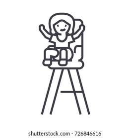 kid in child chair vector line icon, sign, illustration on background, editable strokes