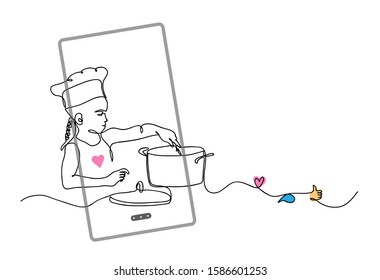 Kid, child cooking. Cook blogger concept. vector illustration with phone, like, thumb up, heart, comment .